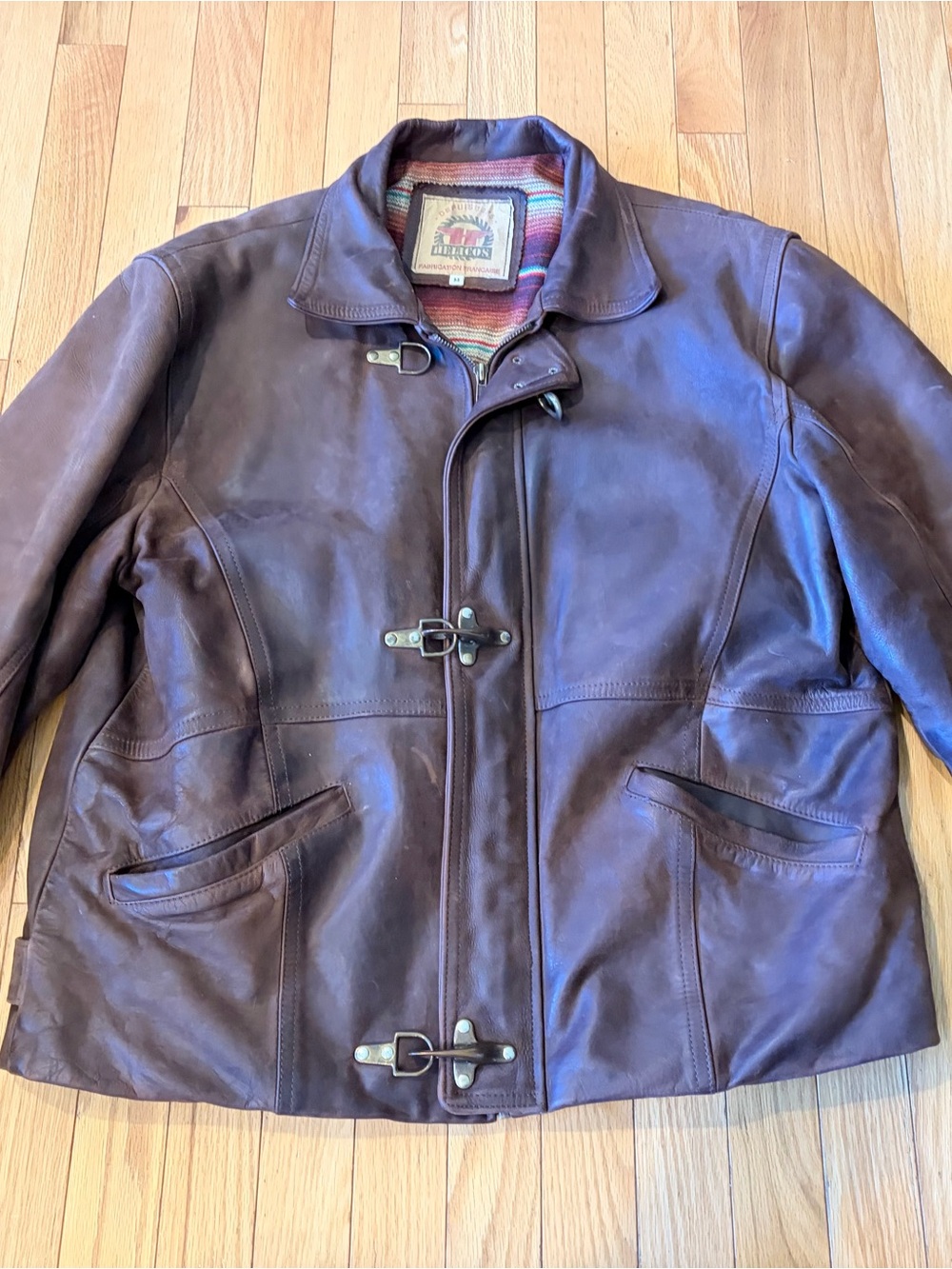 Vintage Brown Leather Fireman Jacket / Coat - Woven Blanket Lining